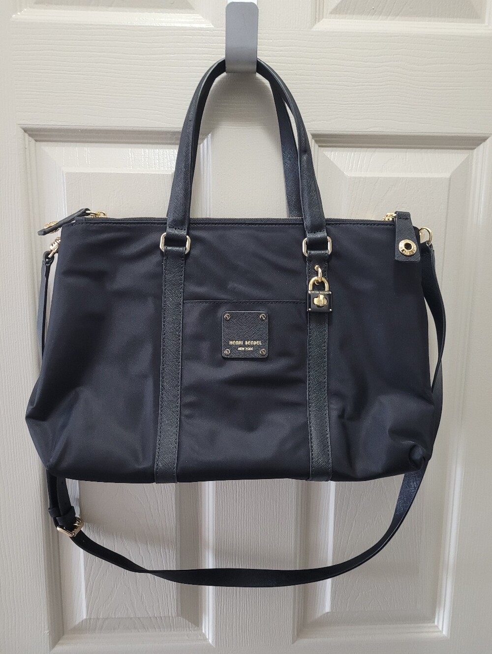 Henri Bendel Large Jetsetter Tote Black Nylon Saffiano Leather Gold Hardware